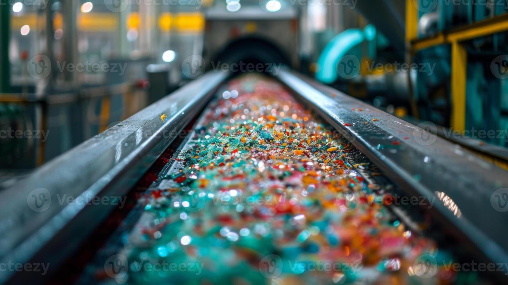 Colorful granules made from recycled plastic are seen moving along a conveyor belt in a recycling facility. The vibrant colors showcase the diversity of materials being processed. photo