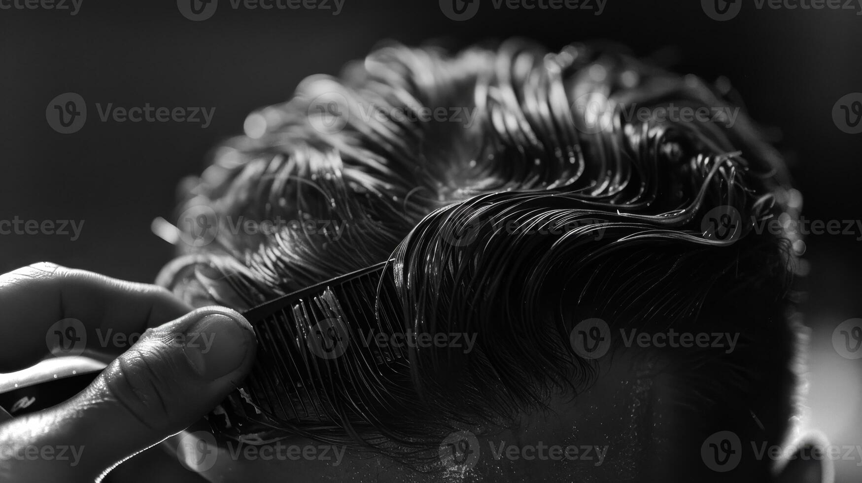 A barber carefully combs and styles a client's hair, highlighting expert techniques in a contemporary barbershop during a busy afternoon. photo