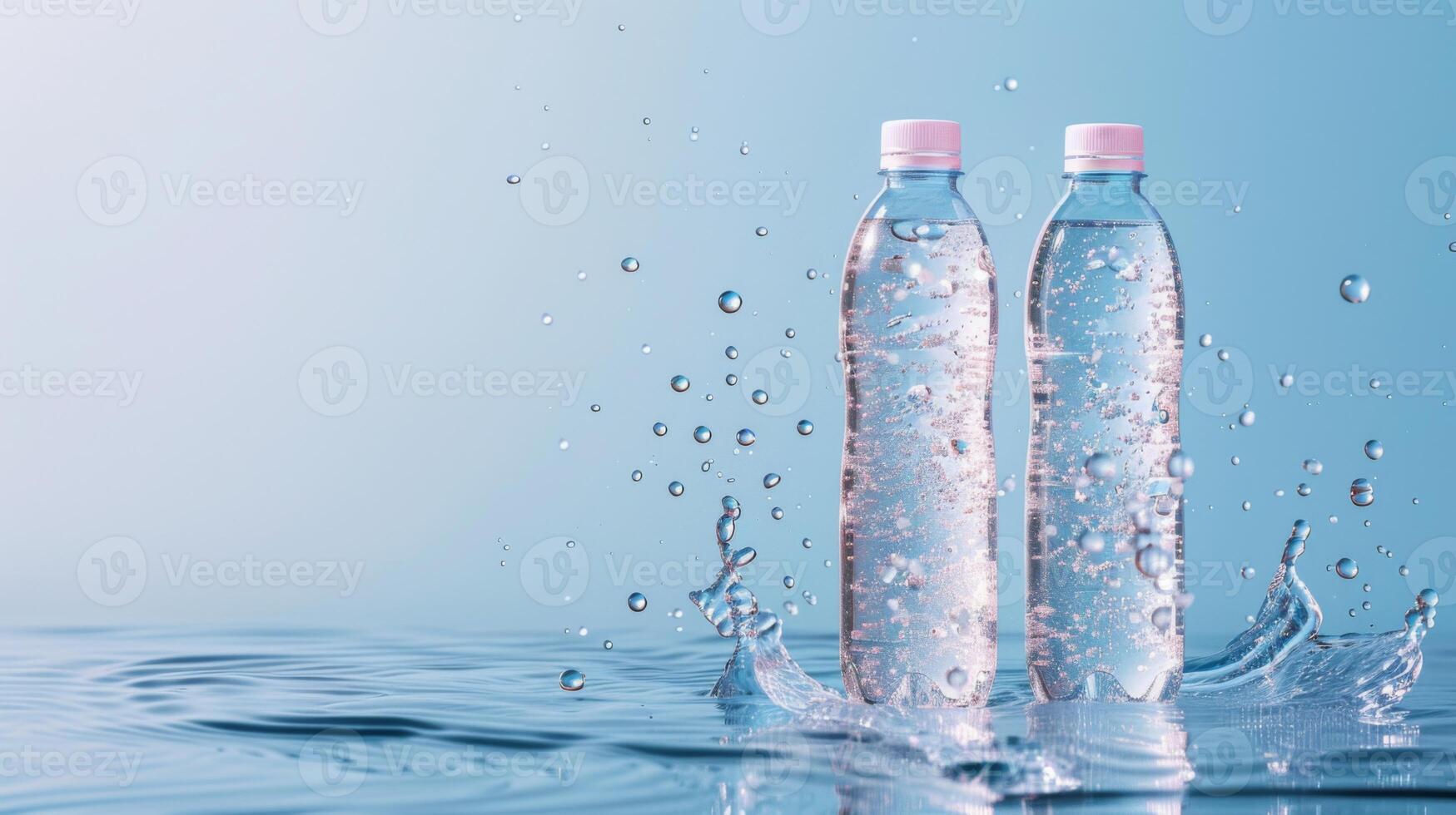 Clear water bottles create a splash as they interact with the liquid surface, generating bubbles and enhancing a sense of freshness in a serene environment. photo