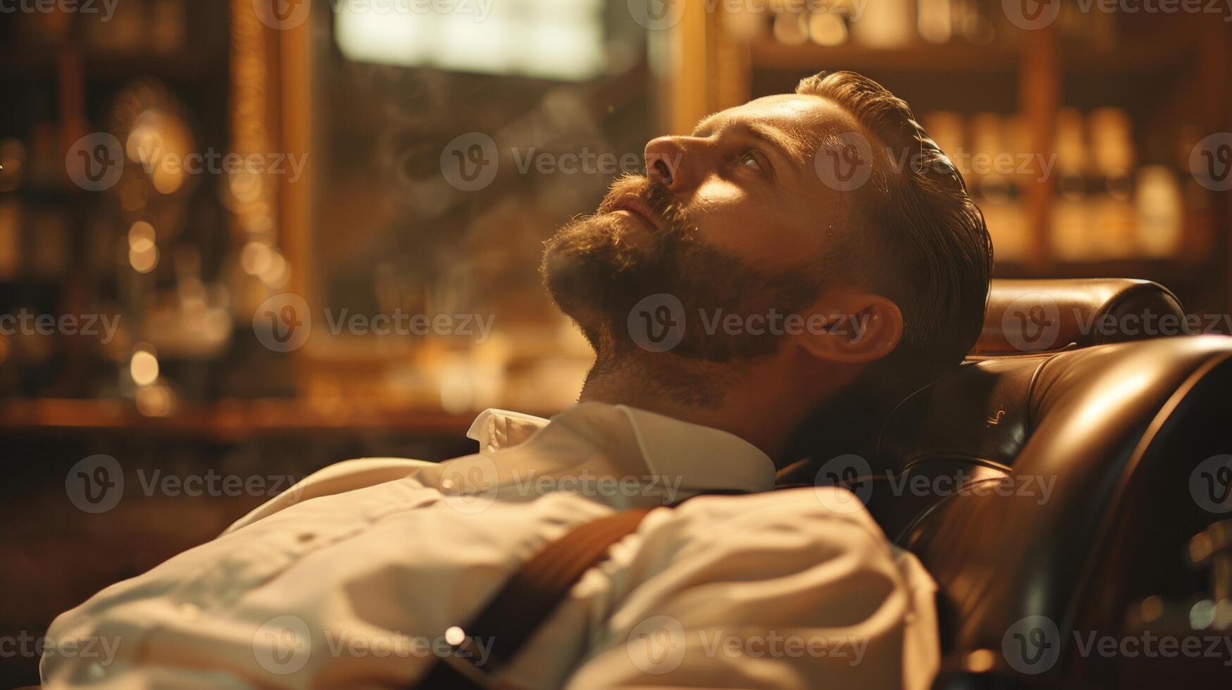 A well dressed man reclines in a plush chair, lost in thought as smoke rises gently in the air. His environment exudes vintage charm, with warm lighting enhancing the atmosphere. photo