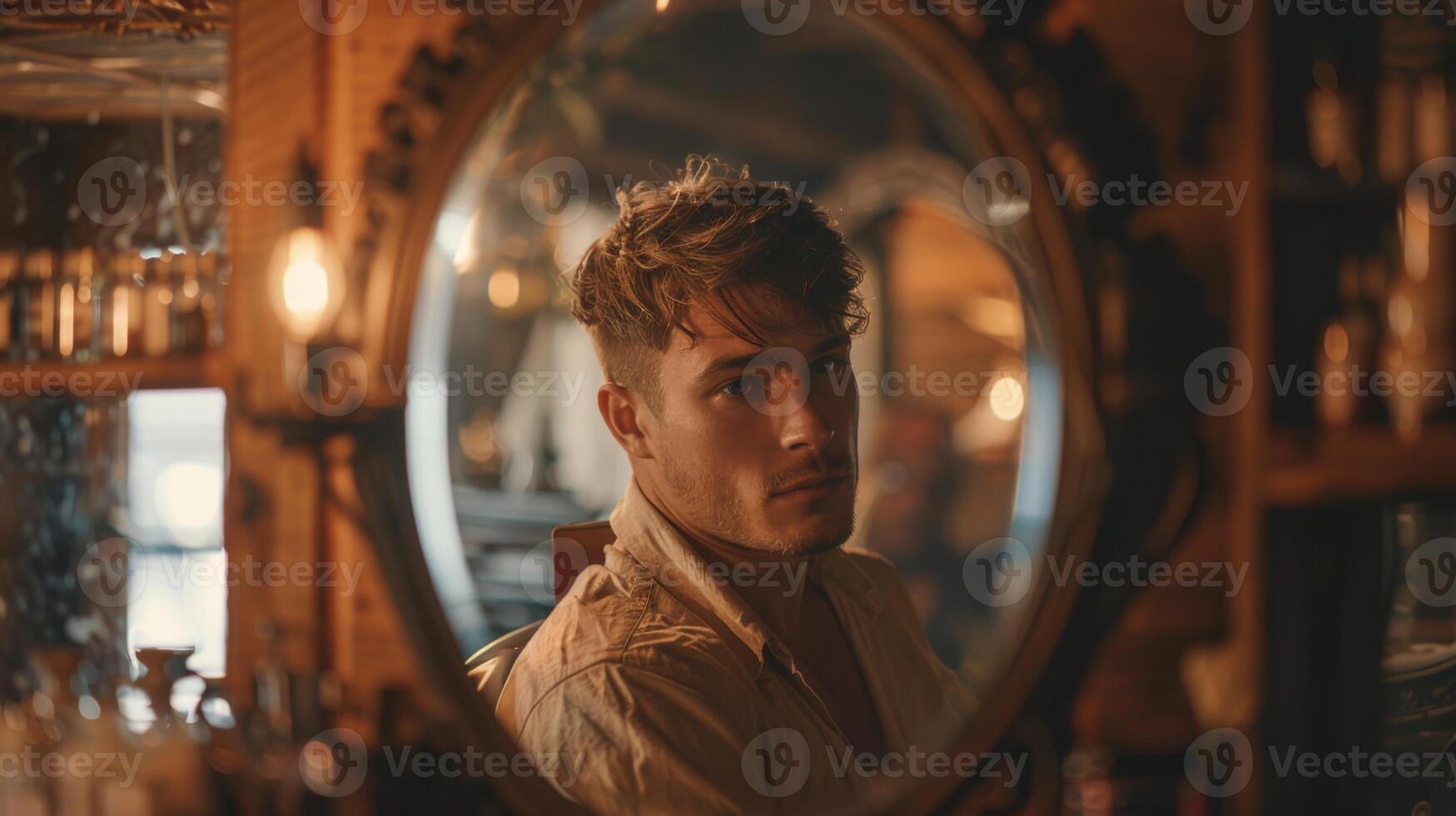 A young man gazes into a round mirror in a cozy bar. The warm lighting enhances the intimate setting, creating a reflective moment during a peaceful evening. photo