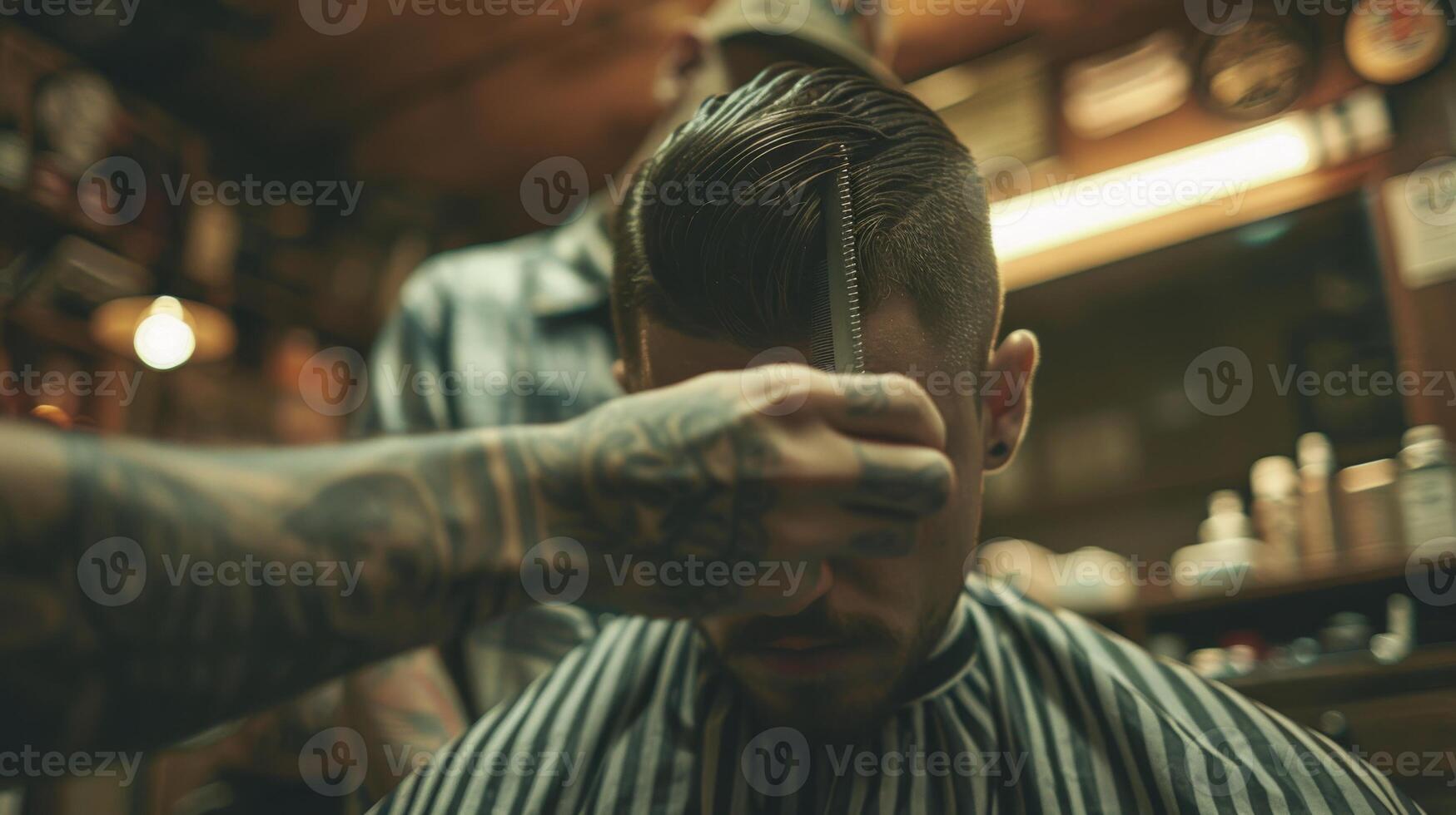 A skilled barber carefully styles a client's hair using a comb in a vintage barbershop filled with warm lighting and classic decor, highlighting traditional grooming techniques. photo