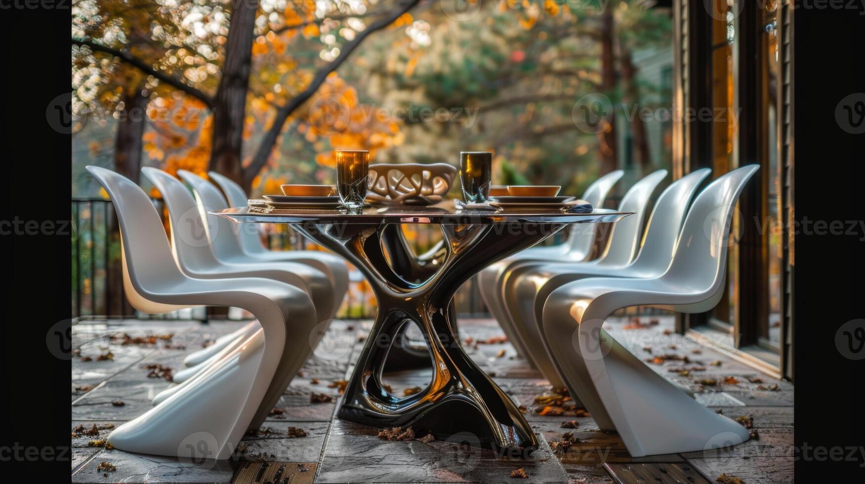 A modern dining table with sleek white chairs is set outside, showcasing elegant tableware amidst colorful autumn foliage during sunset, creating a cozy atmosphere. photo