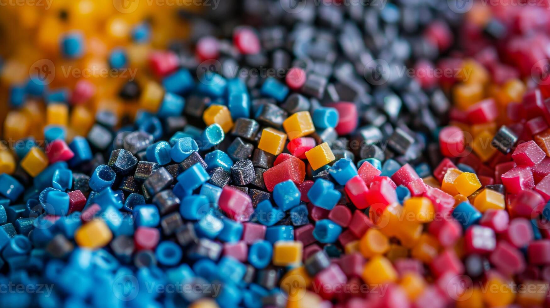 Close up view of colorful plastic granules in various shapes, showcasing bright shades of blue, red, yellow, and black, ideal for different manufacturing applications and creative projects. photo