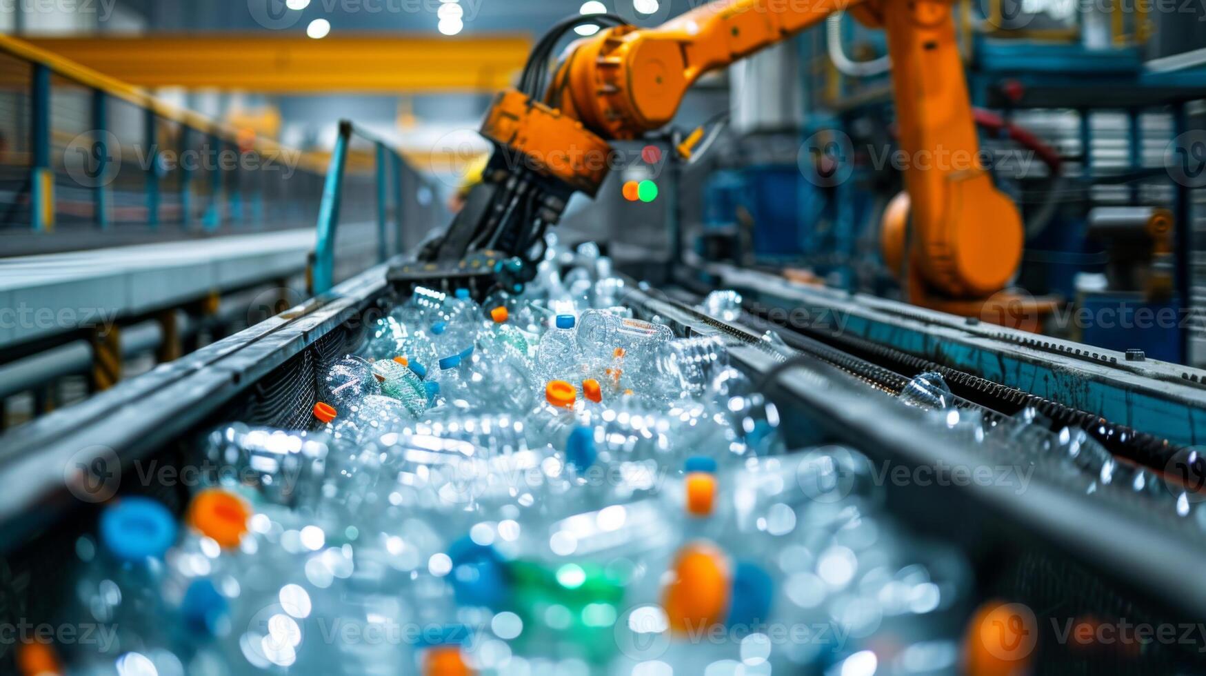 A robotic arm actively sorts plastic bottles on a conveyor belt inside a recycling facility, showcasing modern automation in waste management. The process highlights efficient recycling efforts. photo