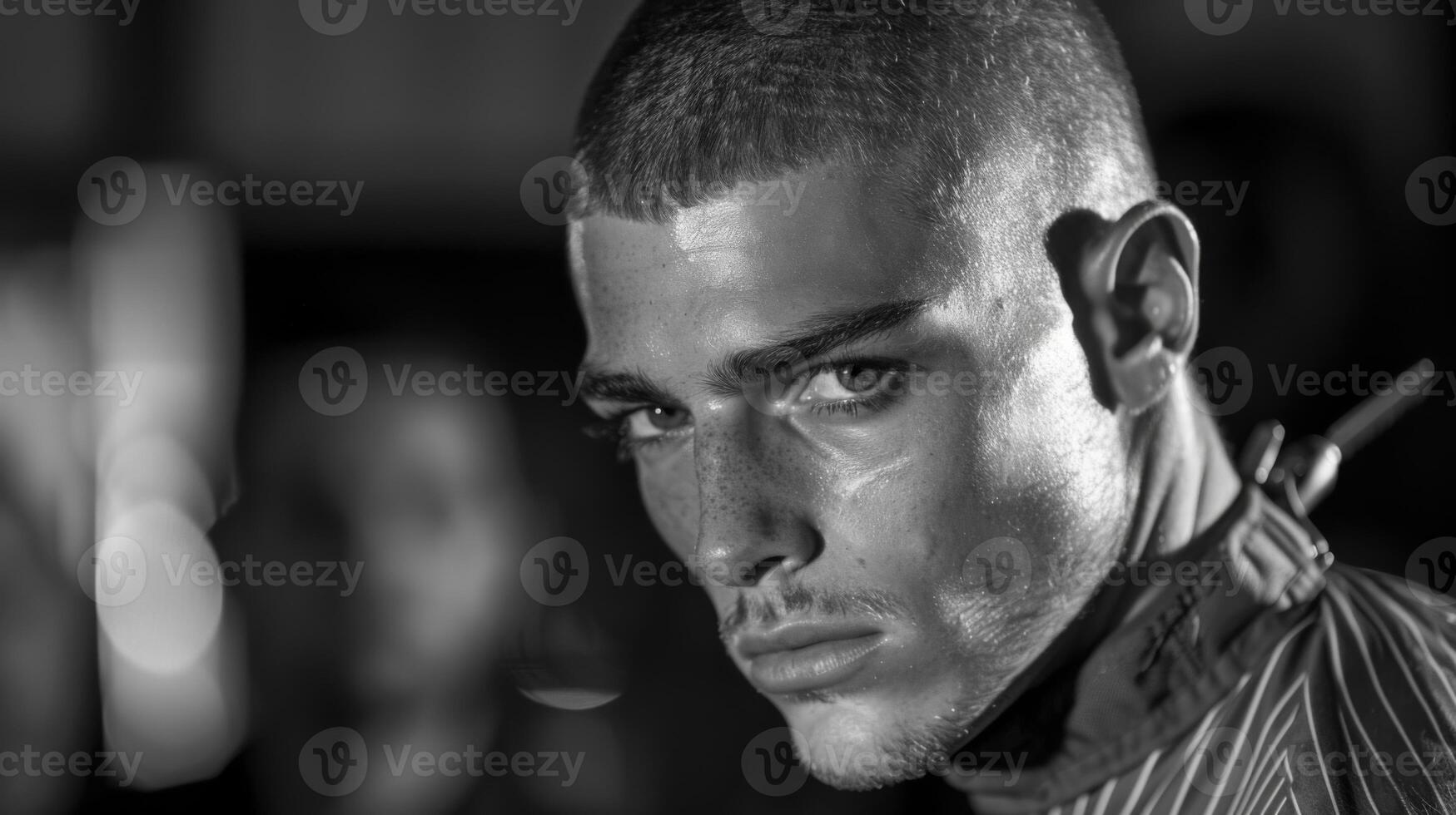 A young man with a buzz cut stares intensely at the camera, showcasing his striking features and a stylish grooming cape, illuminated by dramatic lighting in a barbershop setting. photo
