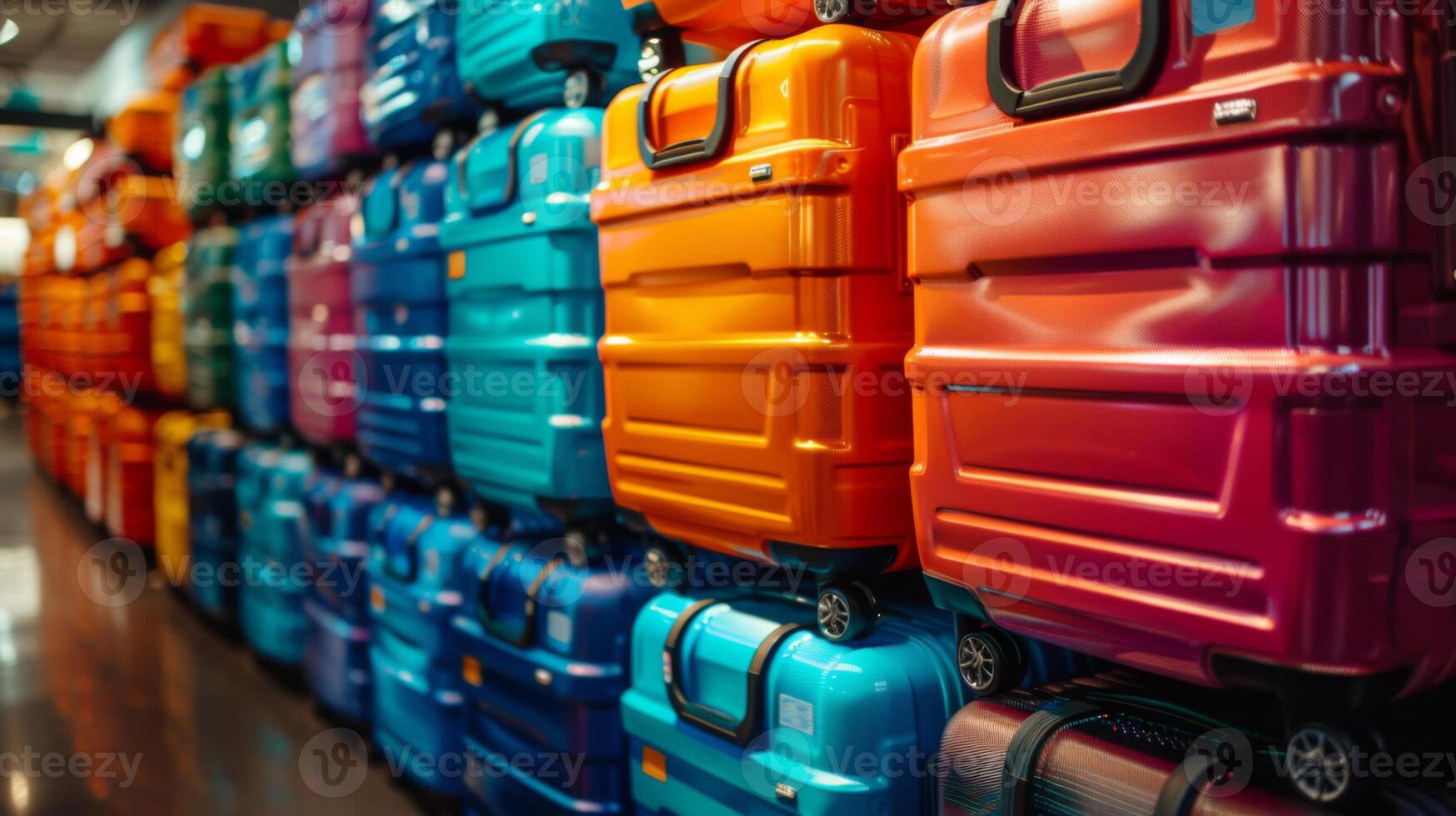 A vibrant display features an assortment of colorful suitcases stacked neatly in a lively travel store, ready for customers to choose from for their adventures. photo