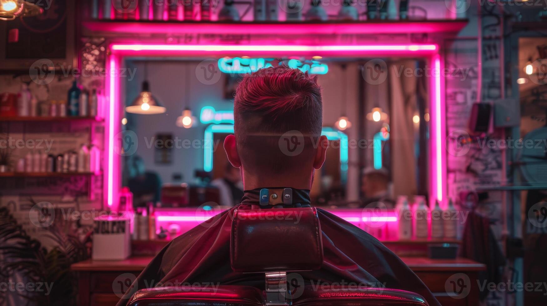 A young man sits in a barber chair, getting a modern haircut in a vibrant barber shop illuminated by colorful neon lights, creating a lively atmosphere at night. photo