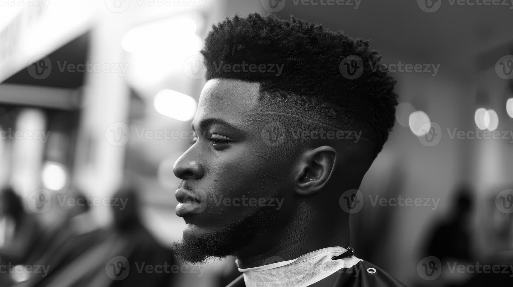 A young man sits in a barbershop chair, focused and relaxed, as a barber works on his modern hairstyle in an urban setting during the afternoon hours. photo