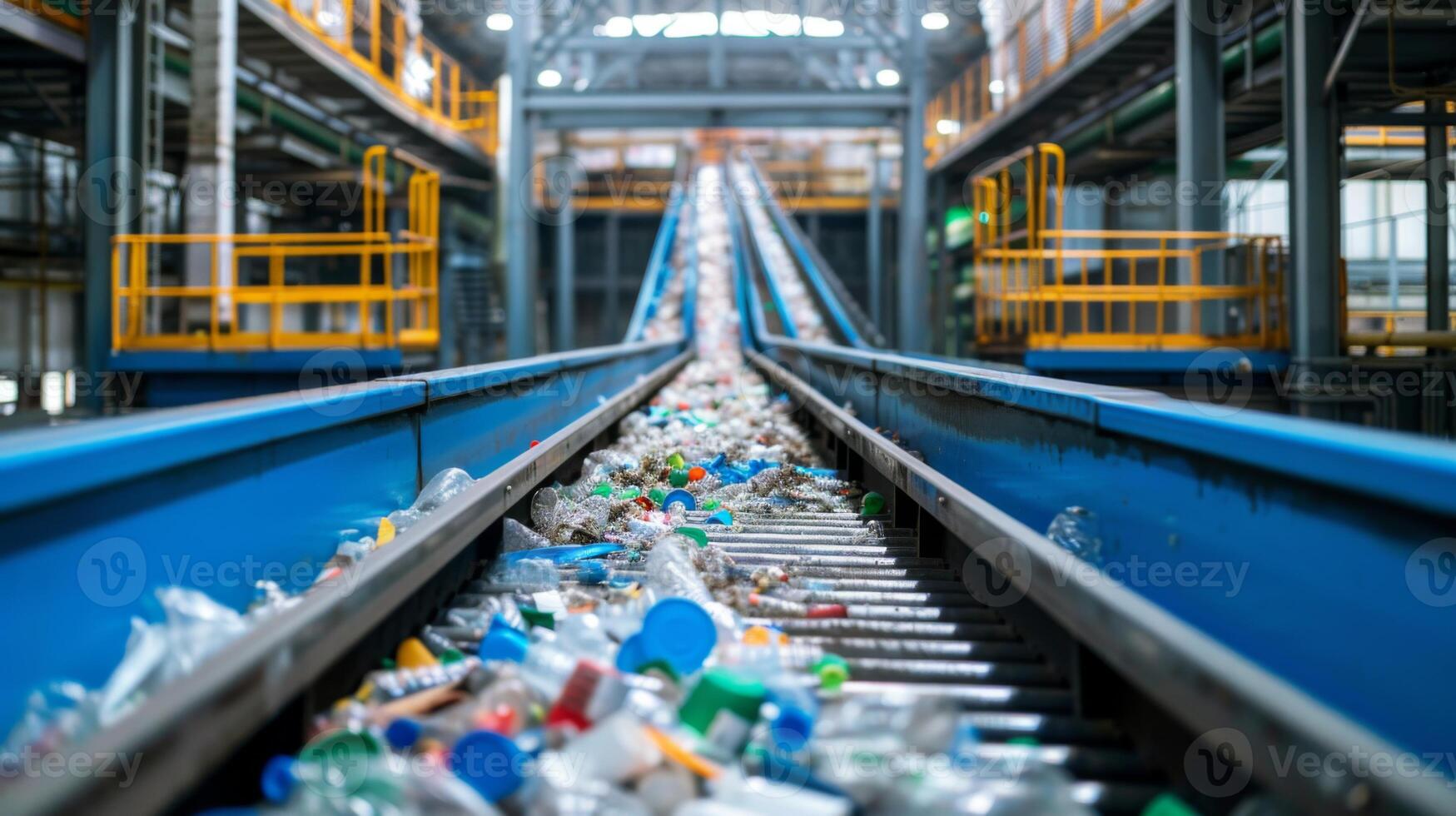 Plastic bottles and containers are being transported along a conveyor belt in a recycling facility, where they are sorted for processing. The industrial space is bright and functional. photo