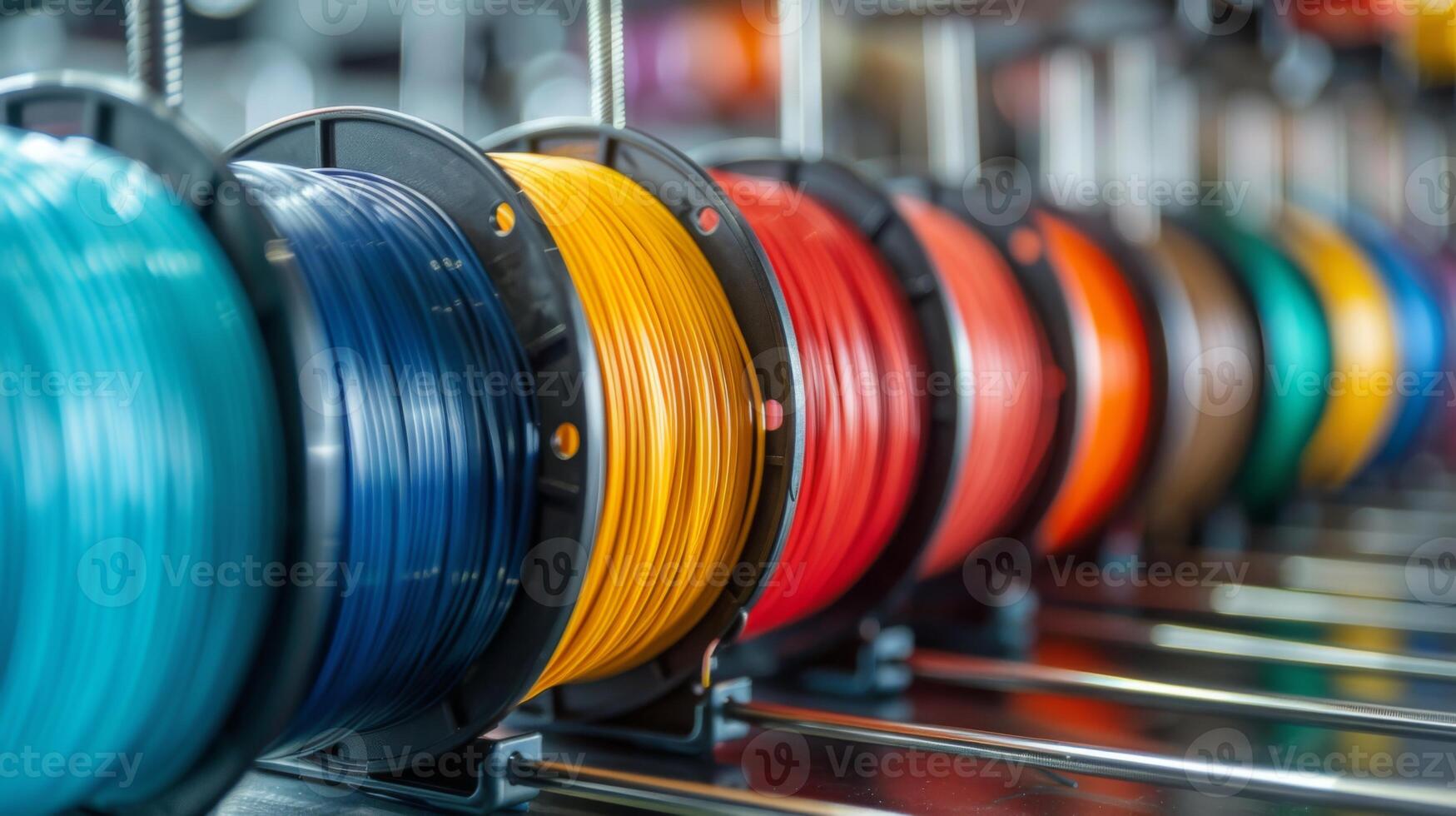 A collection of spools filled with vibrant 3D printing filament is neatly arranged on shelves in a bright workshop, highlighting the diversity of colors available for crafting and design. photo