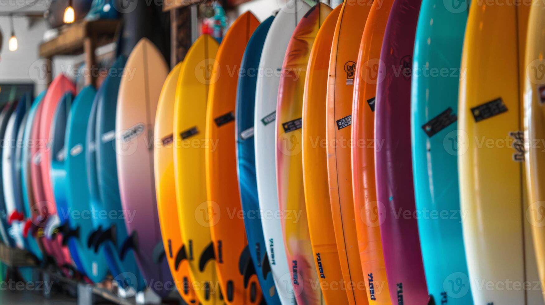 A series of colorful surfboards displayed in a surf shop, featuring a variety of designs and sizes, with natural light illuminating the vibrant colors on a clear day. photo