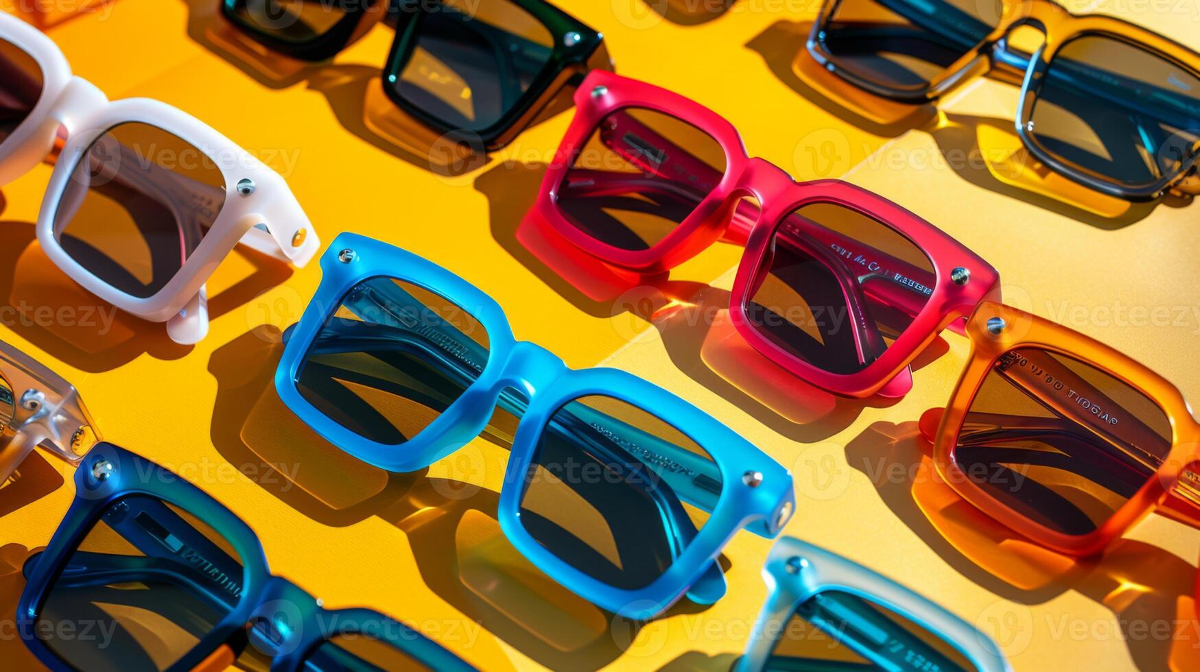 Vibrant sunglasses in various colors including white, red, blue, and orange are arranged artistically against a bright yellow background. These stylish accessories capture attention and add flair. photo