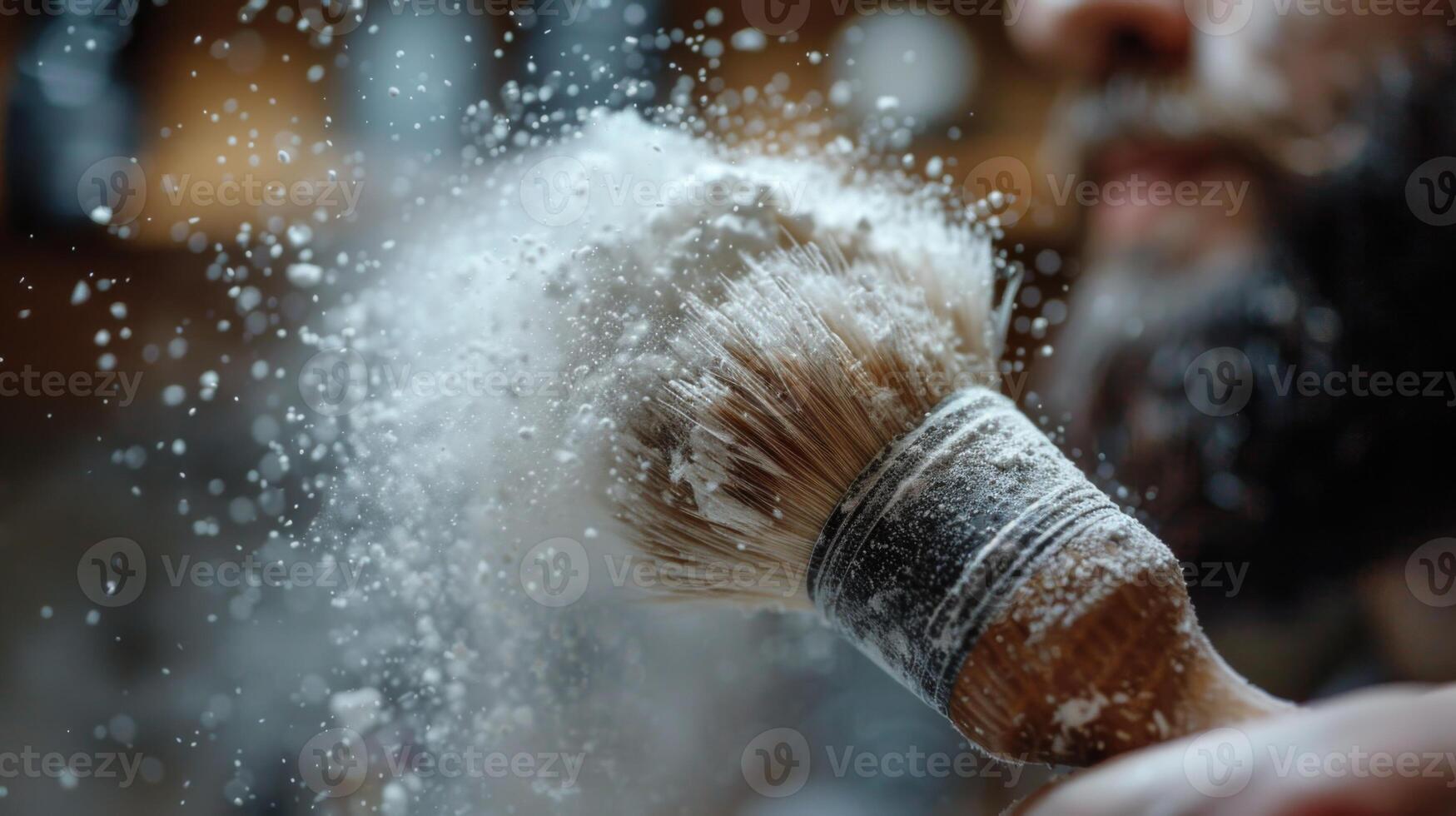 A bearded man rhythmically swirls a shaving brush filled with foam, surrounded by a warm, rustic atmosphere. Morning light floods the room as he readies for a traditional shave. photo