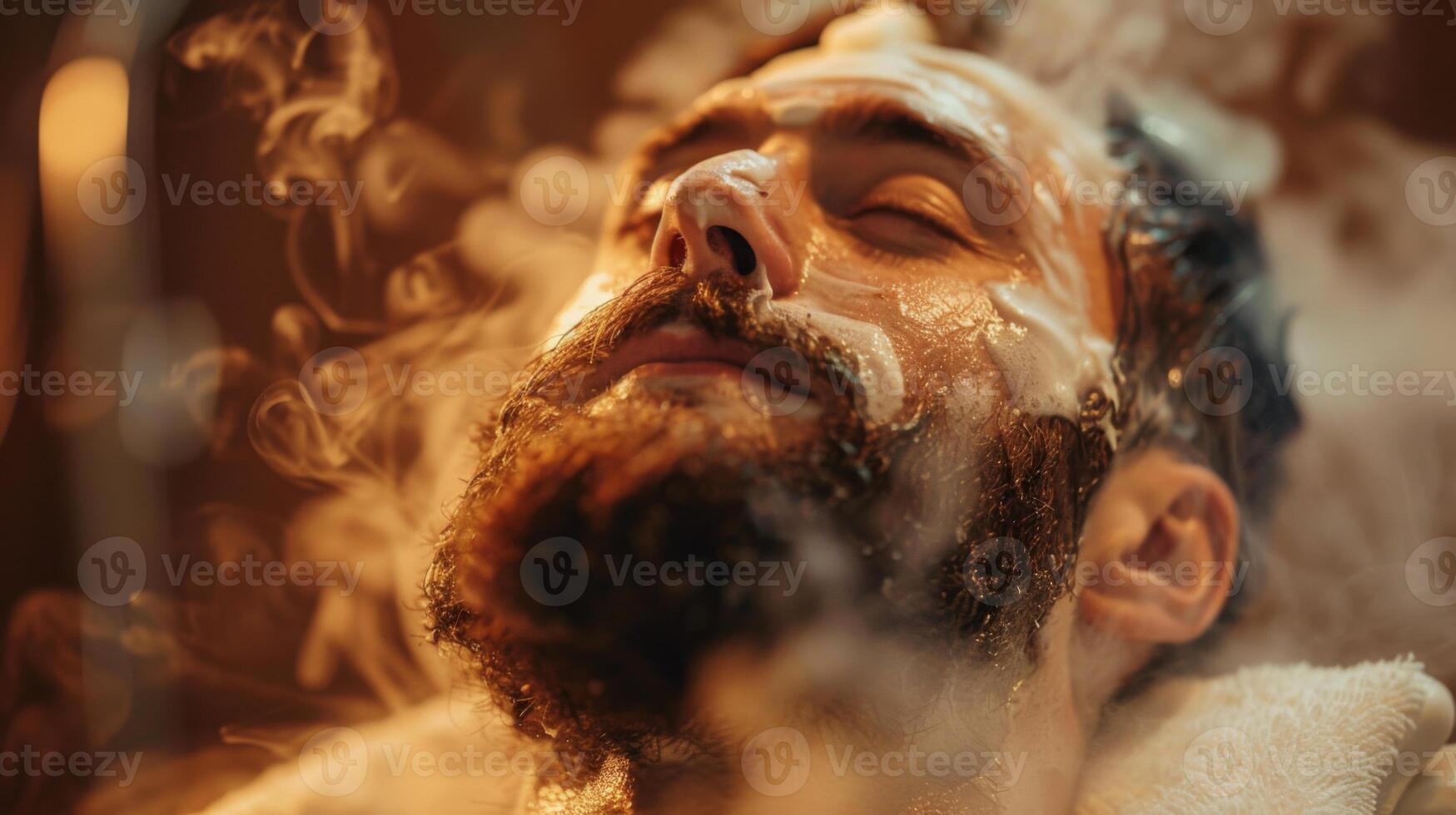 A man enjoys a soothing grooming session with steam and shaving cream applied to his face, creating a calming atmosphere in a barbershop during the evening hours. photo