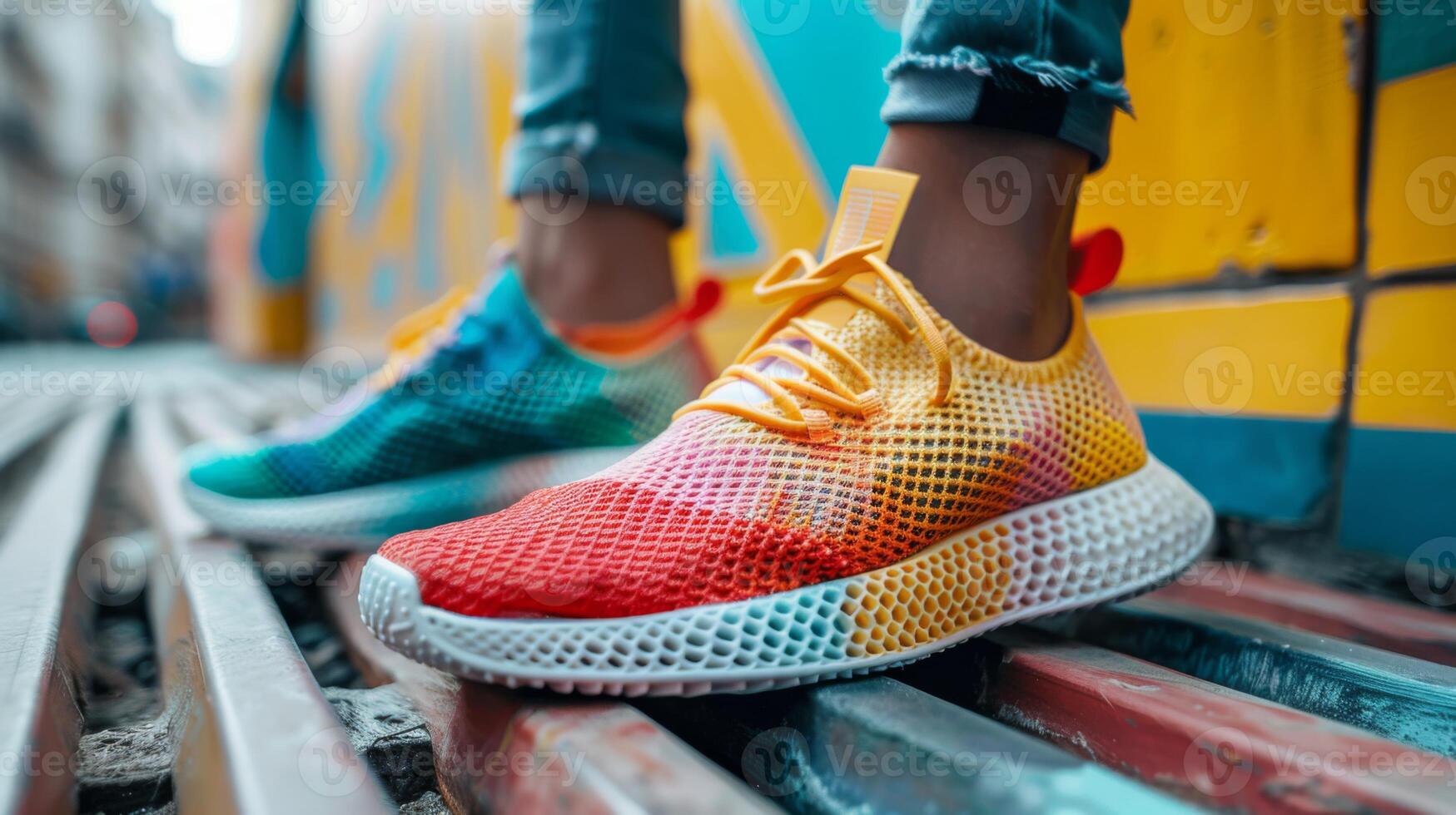 Brightly colored sneakers featuring a mesh design are showcased in an urban setting surrounded by vibrant murals on a sunny afternoon, highlighting street style and creativity. photo