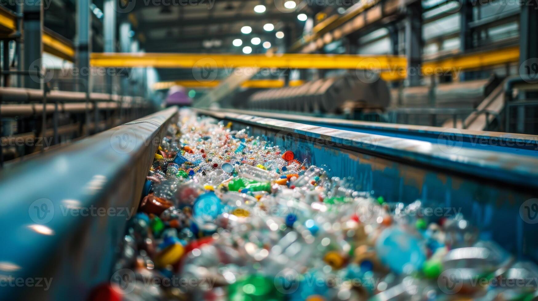 Brightly lit recycling facility shows a conveyor belt filled with various plastic bottles and containers being processed for recycling during daytime operations. photo