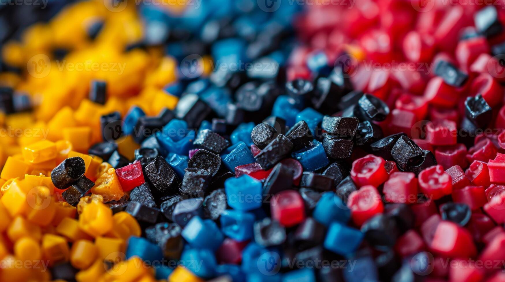 A variety of brightly colored plastic granules are arranged in neat piles. The collection showcases yellow, black, blue, and red particles ready for processing in production. photo