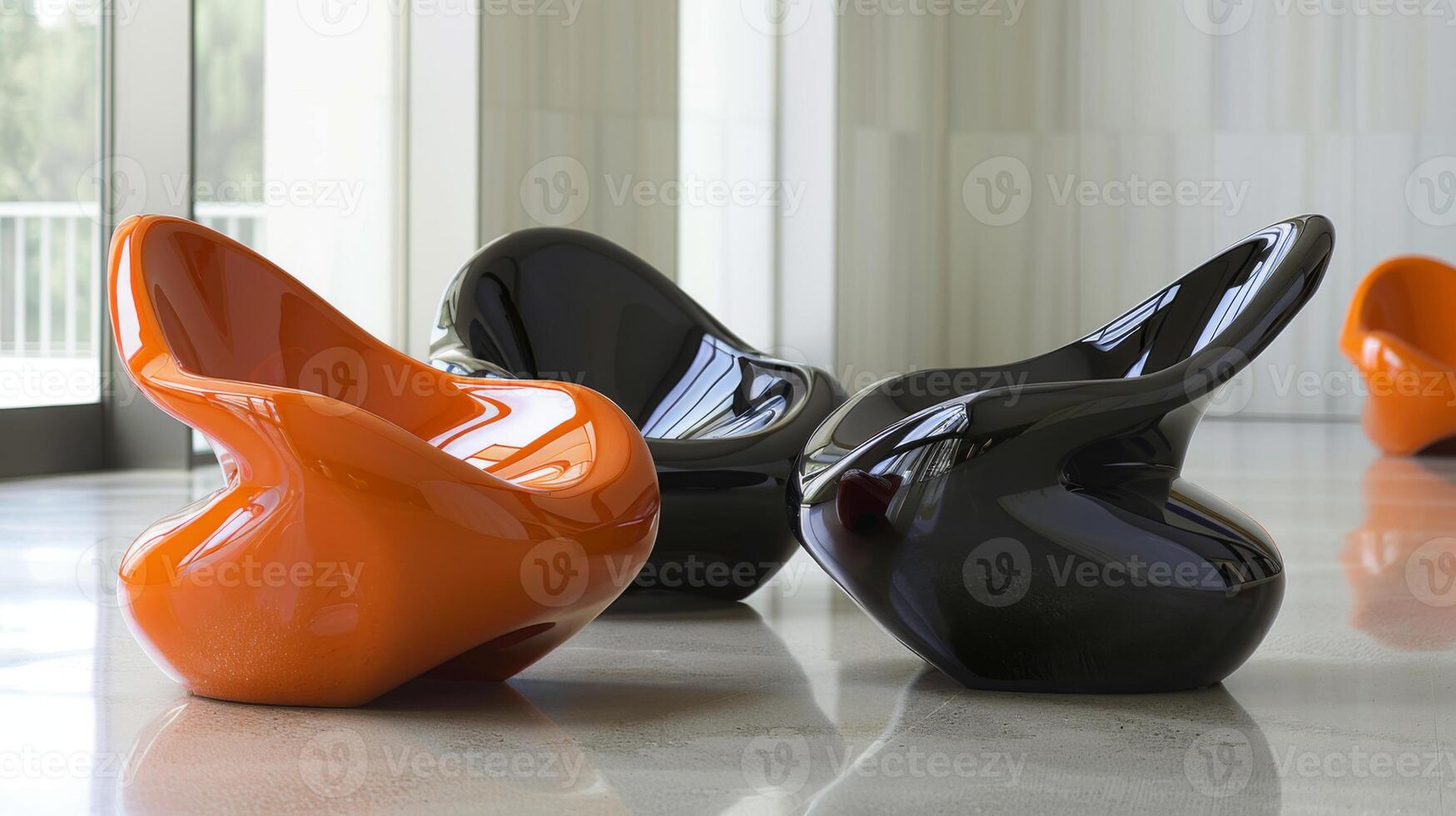 Colorful chairs in orange and black are situated on a polished floor, emphasizing their contemporary design in an elegantly lit interior setting, creating a striking visual contrast. photo