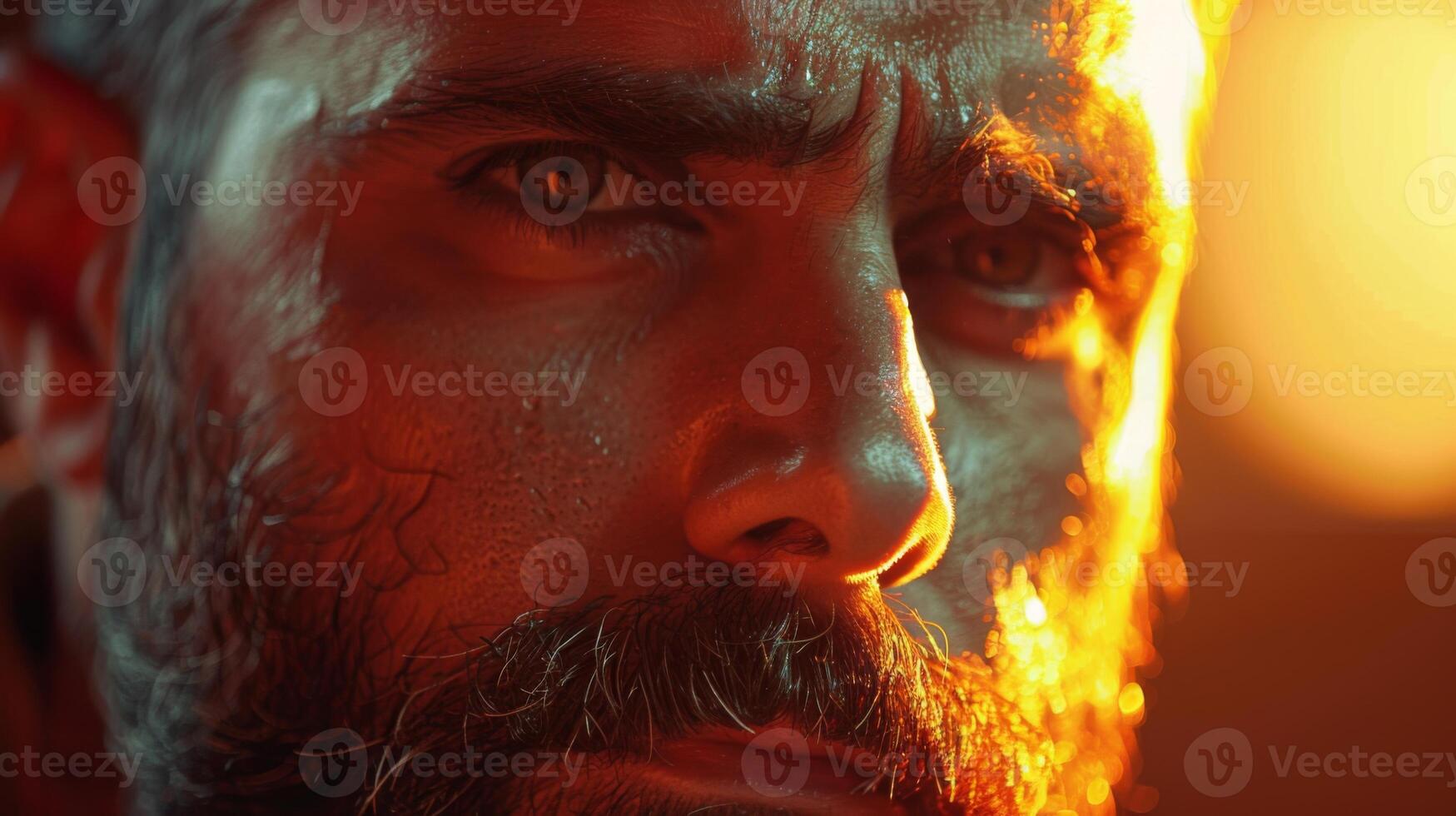 A man with a thick beard displays intense emotions and focused expressions illuminated by warm golden light perfectly capturing a moment of deep contemplation during sunset. photo