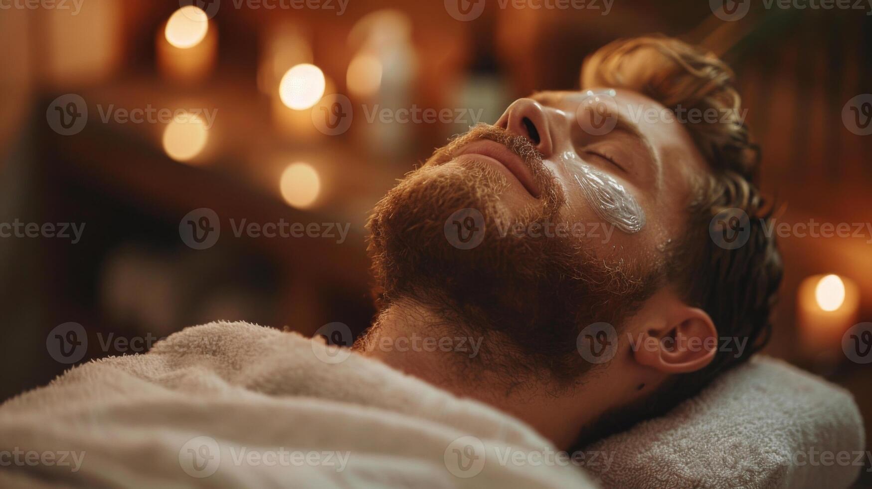 A man is reclining comfortably with a facial mask applied, surrounded by flickering candles and a peaceful atmosphere that promotes relaxation and rejuvenation. photo