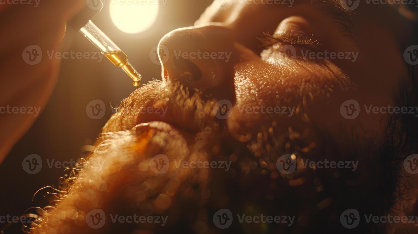 Man gently applies beard oil using a dropper, focusing on personal grooming and self care in a cozy atmosphere during the evening hours, with warm lighting enhancing the scene. photo