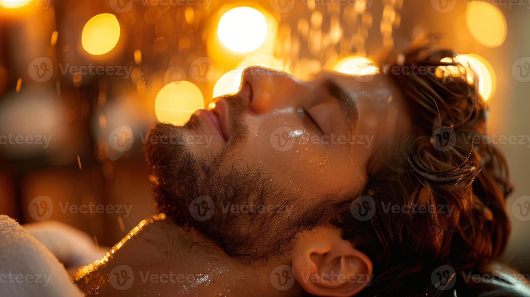 A man rests peacefully as warm water cascades over his face, surrounded by warm ambient lights that enhance the calming atmosphere of the spa environment. photo