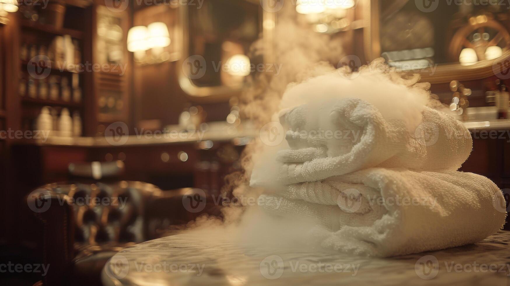 Stacked white towels sit on a marble table while warm steam rises in a luxurious spa, inviting guests to unwind and indulge in soothing wellness treatments and relaxation. photo