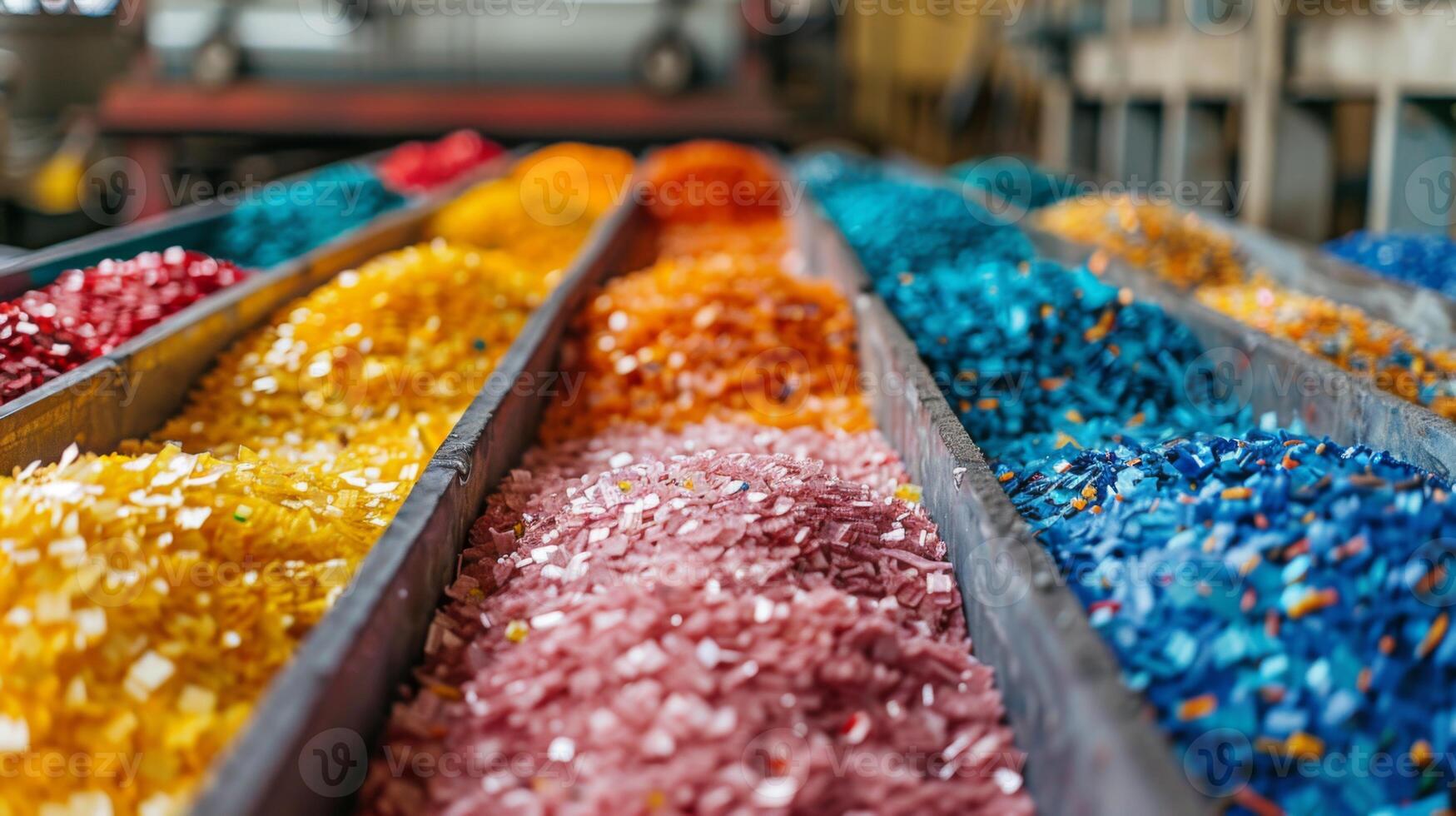 Brightly colored granules of recycled plastic are neatly arranged in multiple bins. The setting appears to be an industrial facility with natural light illuminating the scene. photo