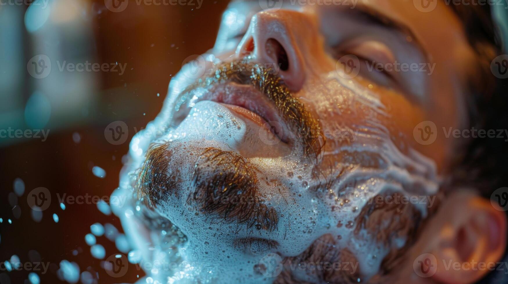 A man enjoys a relaxing grooming session at a barbershop, surrounded by soft lighting, as rich lather covers his face, providing a refreshing sensation. photo