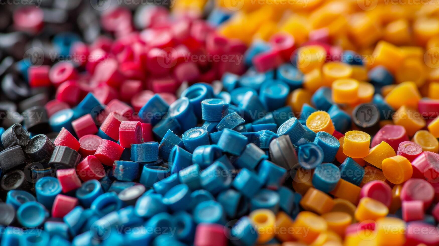 Colorful plastic pellets in red, blue, yellow, and black are scattered on a flat surface, highlighting their circular shapes in a lively manufacturing setting. photo