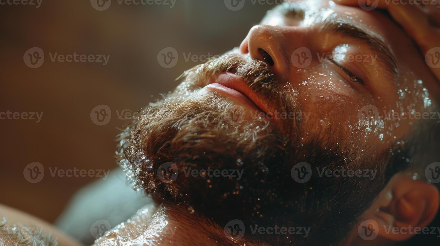 A man lies back, fully relaxed, while receiving a facial treatment. Steam surrounds him, enhancing the soothing atmosphere at a wellness center in the afternoon. photo