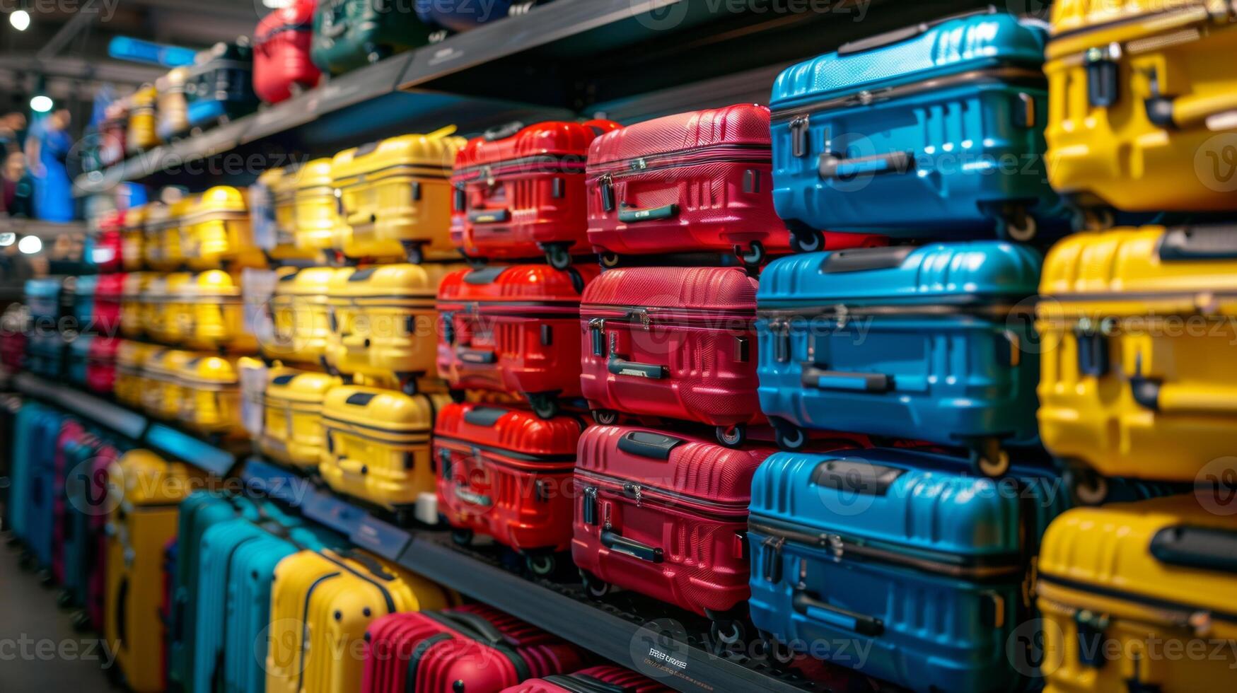 Rows of vibrant suitcases in various colors are neatly arranged on shelves within a retail setting. Shoppers can explore options for their travel needs, highlighting the variety available. photo