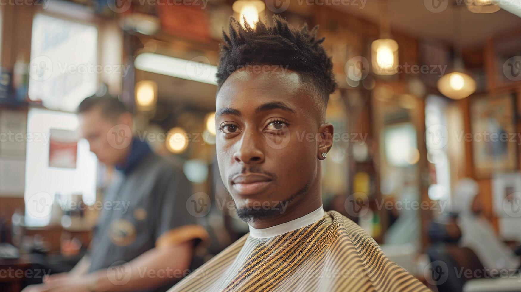 A young man sits in a barbershop chair, wearing a cape, as a barber works in the background. The shop is lively, filled with vintage decor and warm lighting. photo