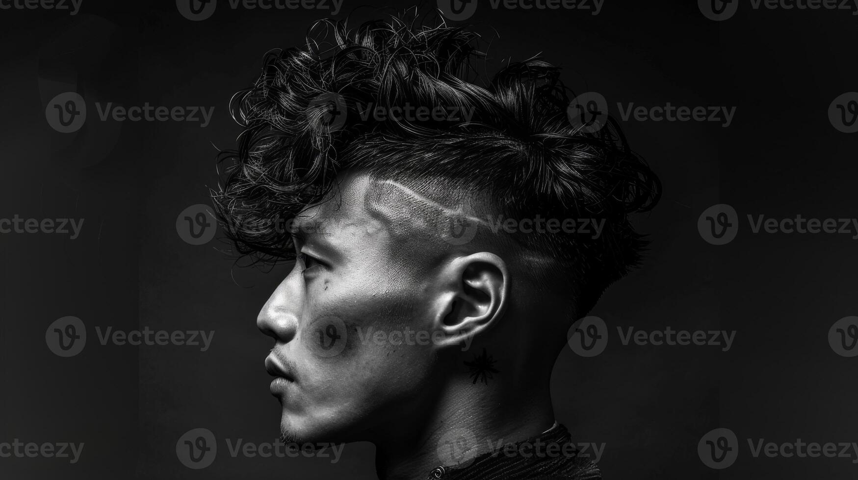 A close up of a man showcasing a striking curly hairstyle complemented by a buzzed side and intricate shaved designs. The dim lighting emphasizes facial features and hairstyle. photo