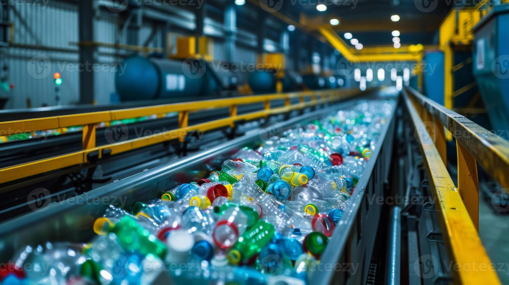 Plastic bottles are being sorted on a conveyor belt in a recycling facility. Workers oversee the process, ensuring efficient separation for future reuse and sustainability in waste management. photo