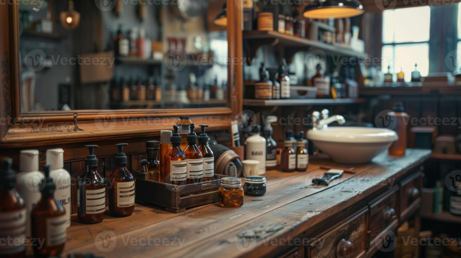 A well organized grooming area features a wooden counter adorned with various grooming products and tools. Soft lighting enhances the vintage atmosphere, inviting relaxation and care. photo