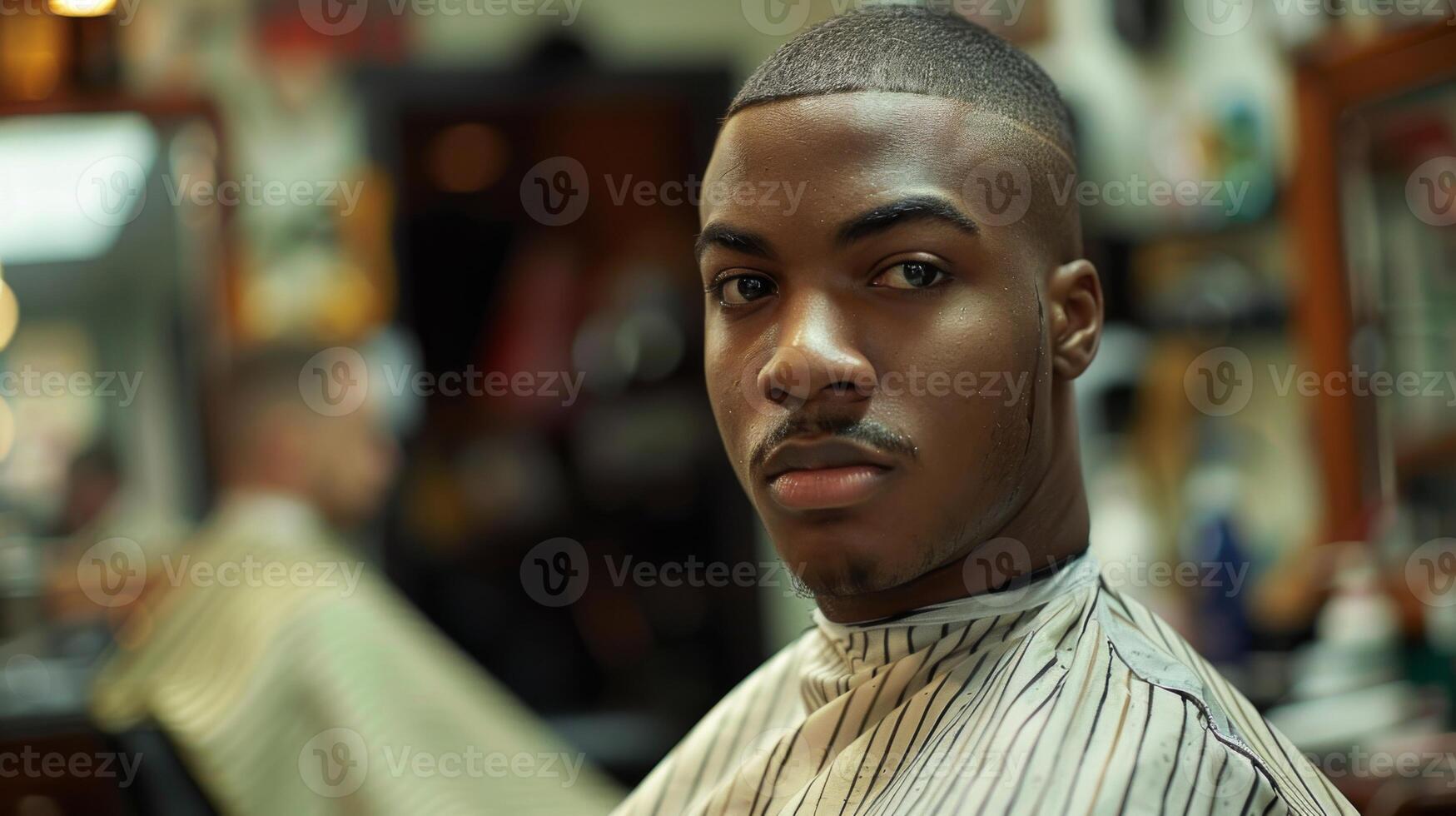 A young man sports a fresh haircut while seated in a barbershop. The environment is lively, filled with clients and barbers engaged in their craft during the later hours of the day. photo