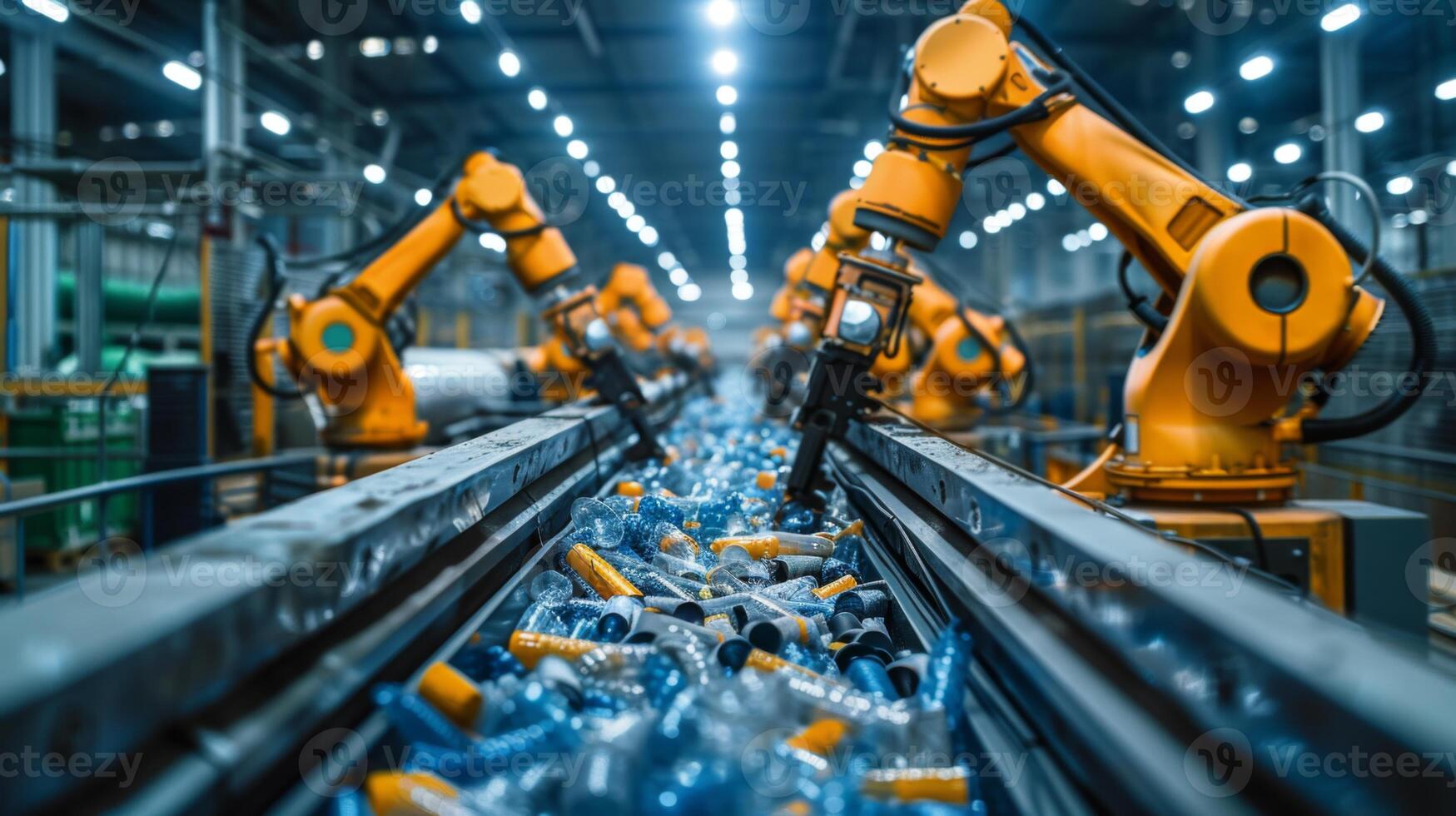 Advanced robotic arms work diligently to separate and sort plastic bottles on a conveyor belt in a recycling facility. The environment is bright with artificial lighting. photo