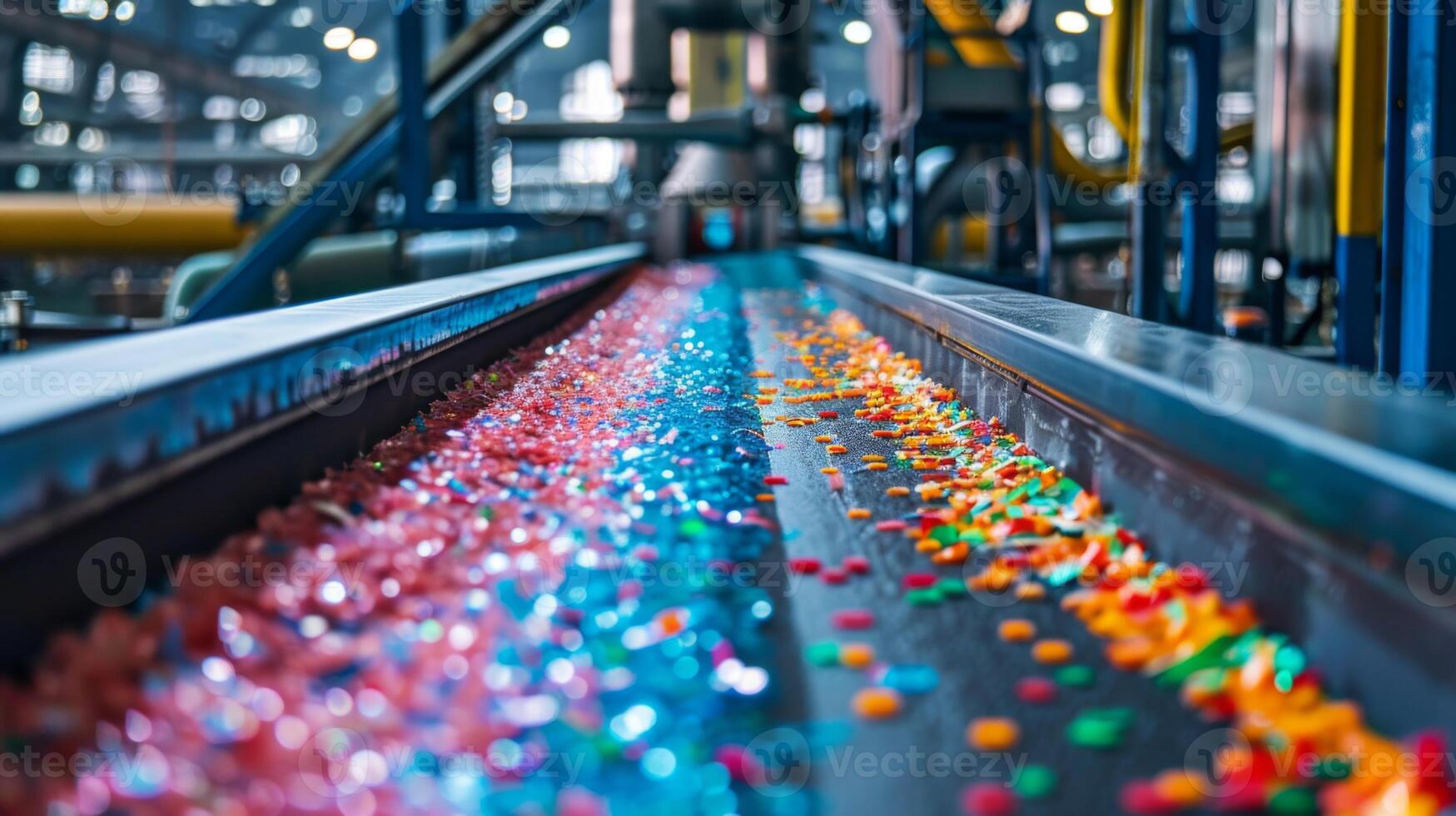 Brightly colored plastic particles stretch across a conveyor belt in a recycling center, showcasing the sorting process during a busy workday in the facility. photo