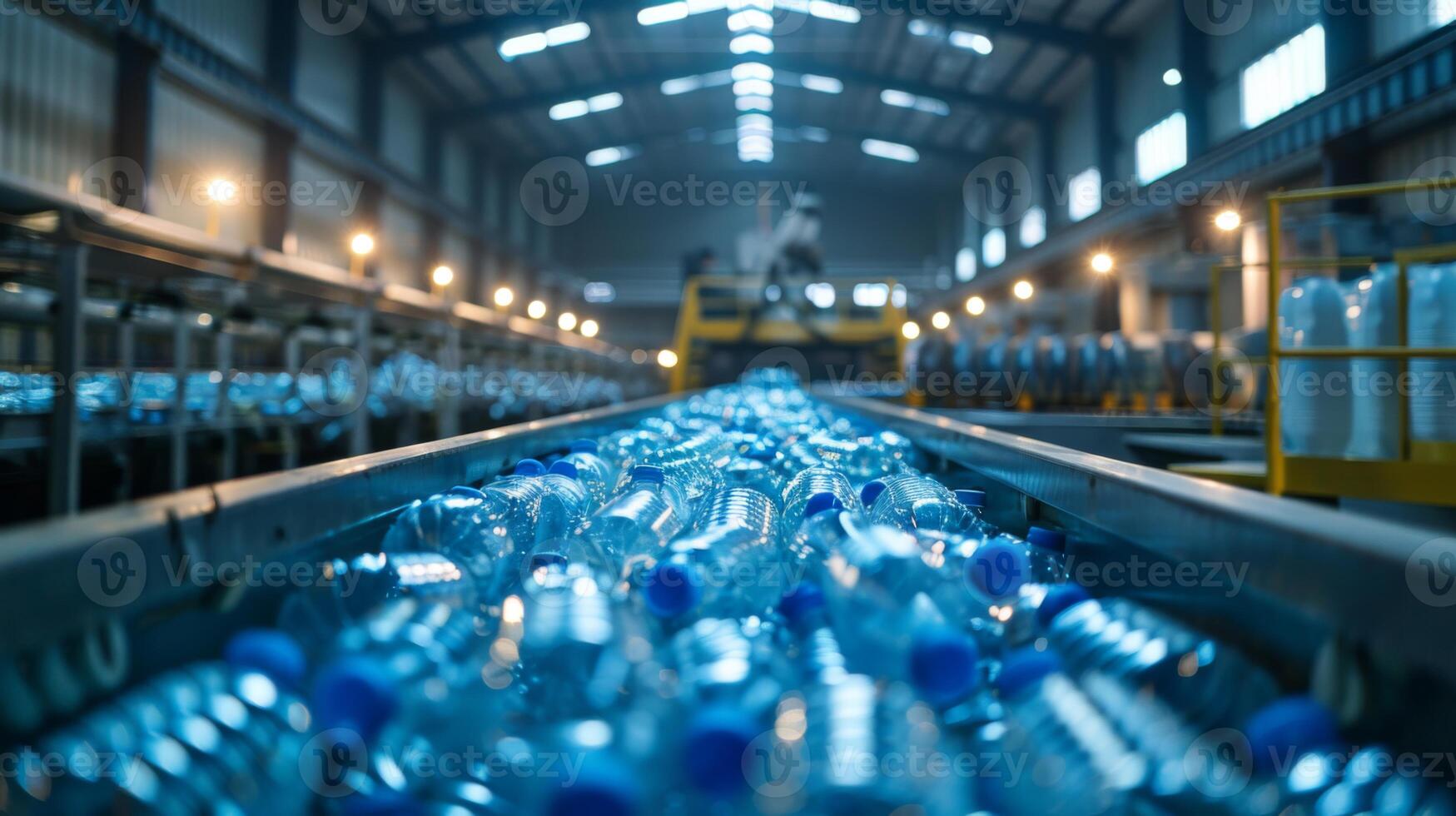 Conveyor belt transports numerous plastic bottles in a state of the art recycling facility, while workers monitor the efficient recycling process throughout the workday. photo