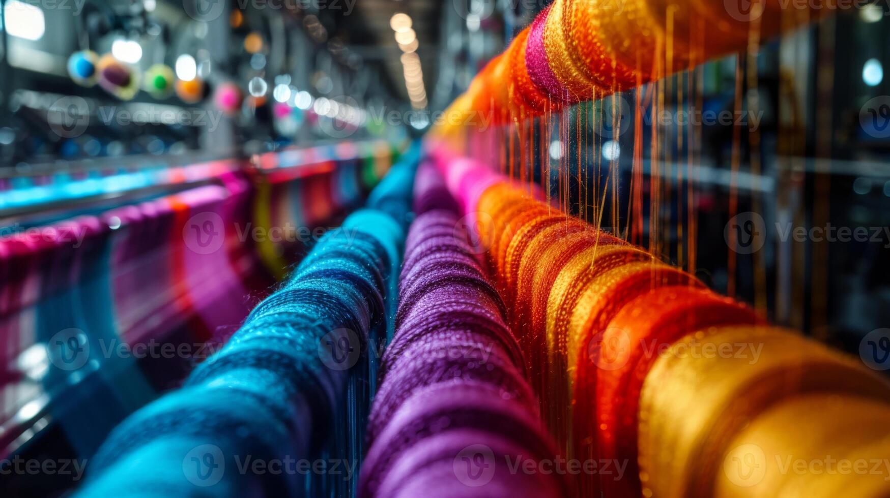 Vibrant threads in various colors like purple, orange, and blue are meticulously arranged in a textile factory, showcasing the intricate process of fabric production. photo