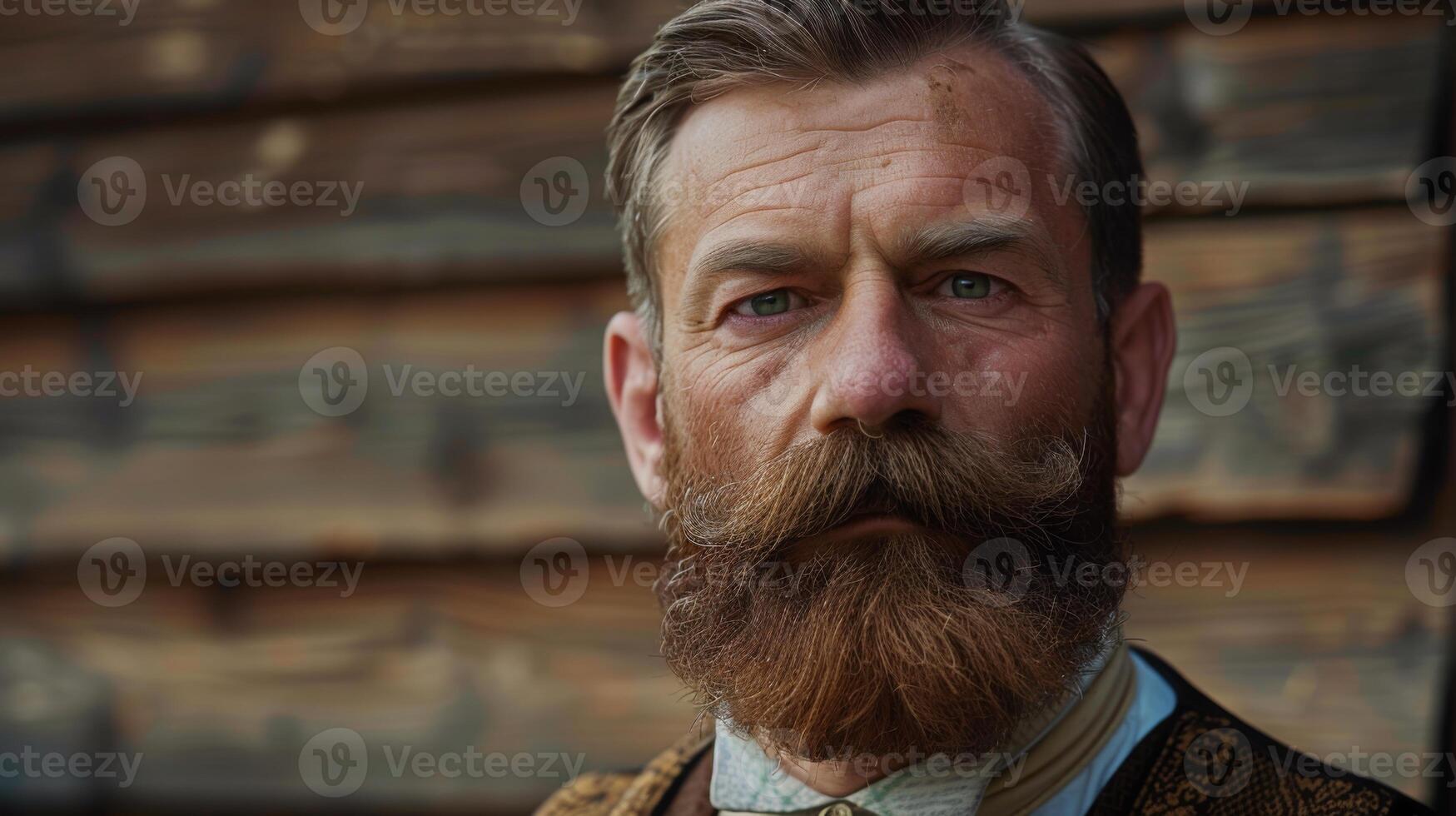A man with a full, well groomed beard and intense eyes poses in traditional attire. His serious expression suggests a historical context, amidst a rustic wooden backdrop. photo