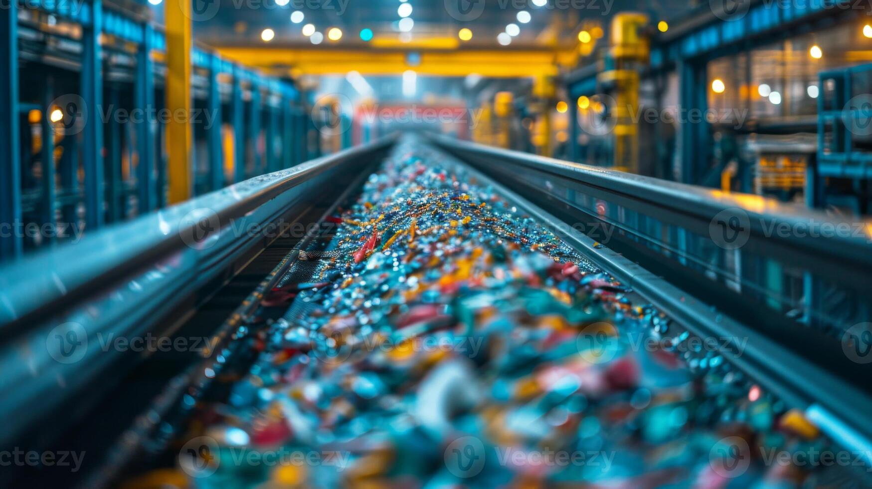 A conveyor belt transports a vibrant array of collected materials in a recycling facility, illuminated by overhead industrial lights at dusk. photo