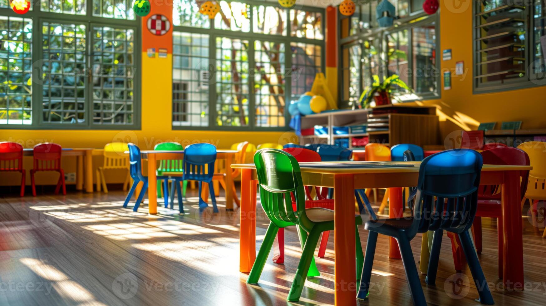 Playful chairs and tables in various colors fill the lively classroom, where sunlight filters through large windows, creating a cheerful learning environment for children. photo