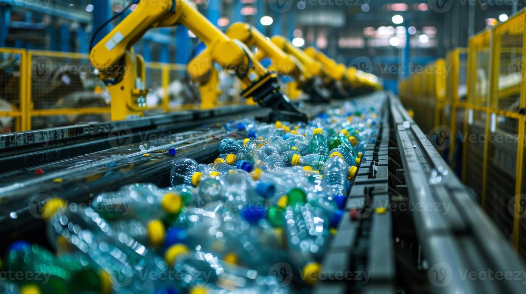 Advanced robotic arms sort plastic bottles on a conveyor belt in a recycling facility, demonstrating efficiency in waste management and environmental sustainability efforts. photo