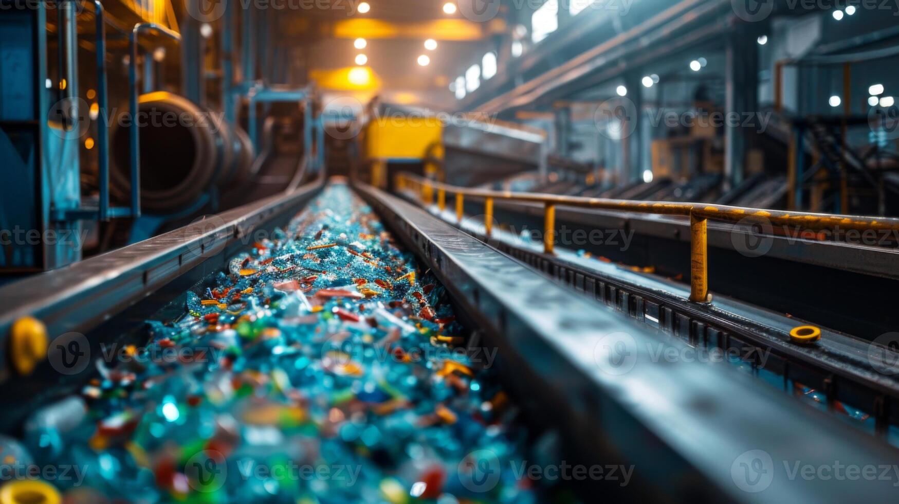 A bustling recycling facility features a wide conveyor belt filled with various colorful plastic materials being sorted and processed in a large industrial environment. photo