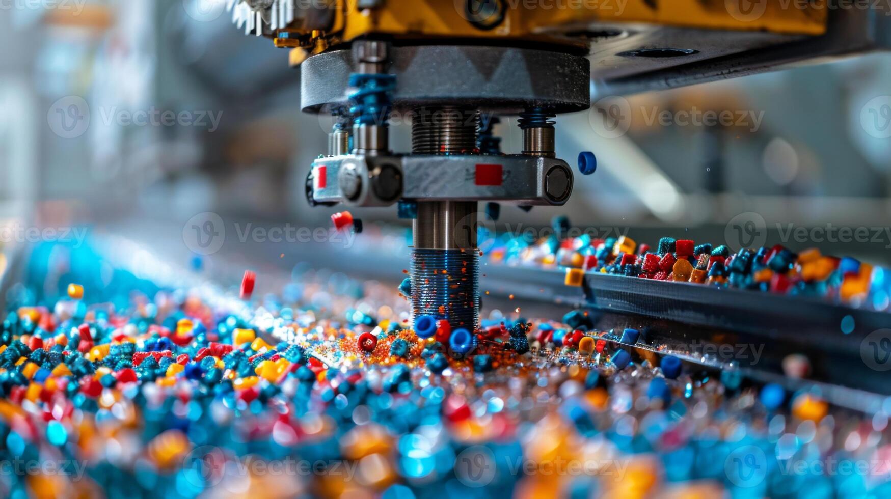 A machine is actively drilling into a vibrant mixture of plastic granules on a production line in a modern manufacturing facility. The bright colors of the granules stand out against the machinery. photo