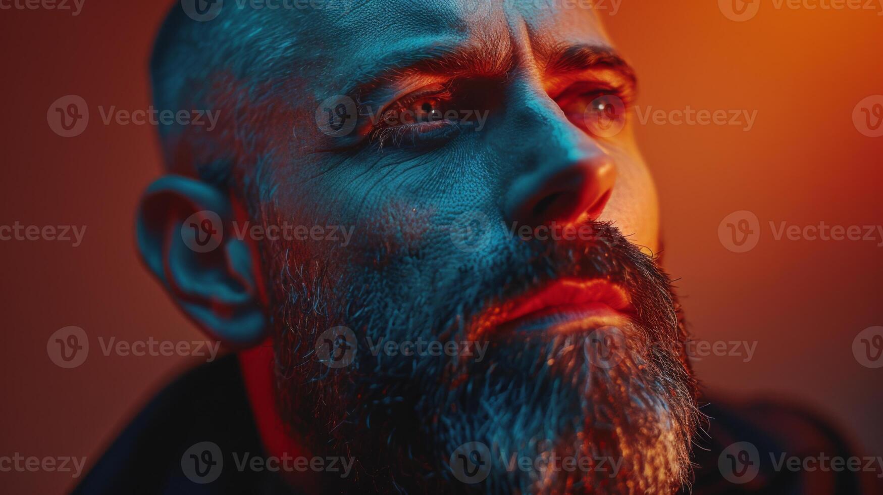 A man gazes thoughtfully with a textured beard and intense expression, illuminated by warm and cool lighting in an artistic atmosphere during the evening. photo