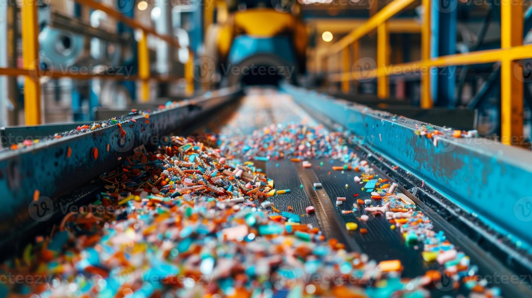 Brightly colored pellets are scattered across a conveyor belt in a manufacturing facility. Heavy machinery and equipment are visible, indicating a bustling industrial setting. photo